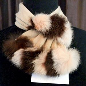 Knit and Rabbit Fur Scarf - beige and brown